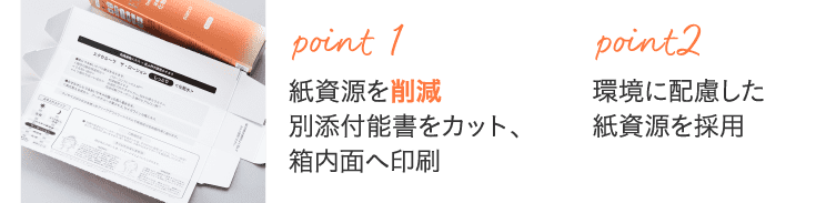 point1 紙資源を削減別添付能書をカット、箱内面へ印刷 point2 環境に配慮した紙資源を採用