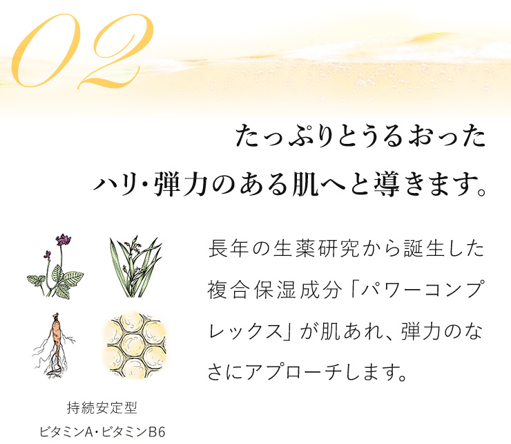 〈たっぷりとうるおったハリ・弾力ある肌へと導きます。〉長年の生薬研究から誕生した複合保湿成分「パワーコンプレックス」が肌あれ、弾力のなさにアプローチします。